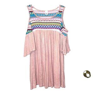 Babydoll Top Cold Shoulder sz L Tribal Embroidered Festival Pink